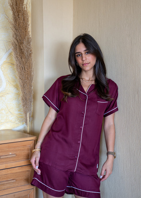 Women Summer Pajama Set Dark Red Buttoned Shirt + Shorts